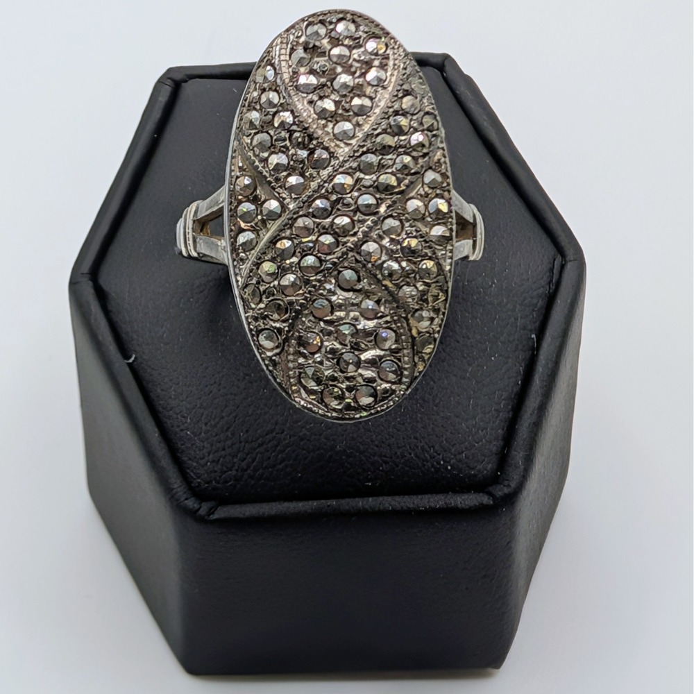 Theda‎ Sterling Silver Marcasite Ring Size 8.5 Vintage Art Deco Oval Statement